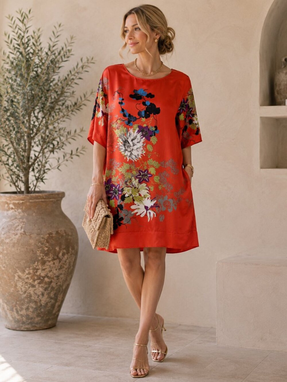 Soft‎ Surroundings Shift Dress Womens XS Orange Floral Resort Boho Summer